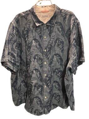 Tommy Bahama 100% Linen - Navy Leaf-Print Camp Shirt - XXL